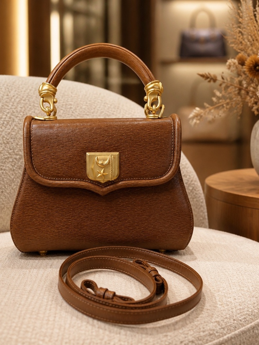 Barry Kieselstein-Cord Brown Leather Top-Handle Satchel with Gold moon and star